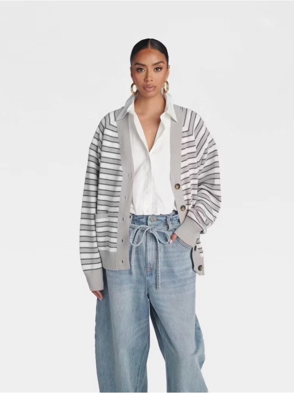 Relaxed Stripe Button-Front Cardigan - Light Gray/White